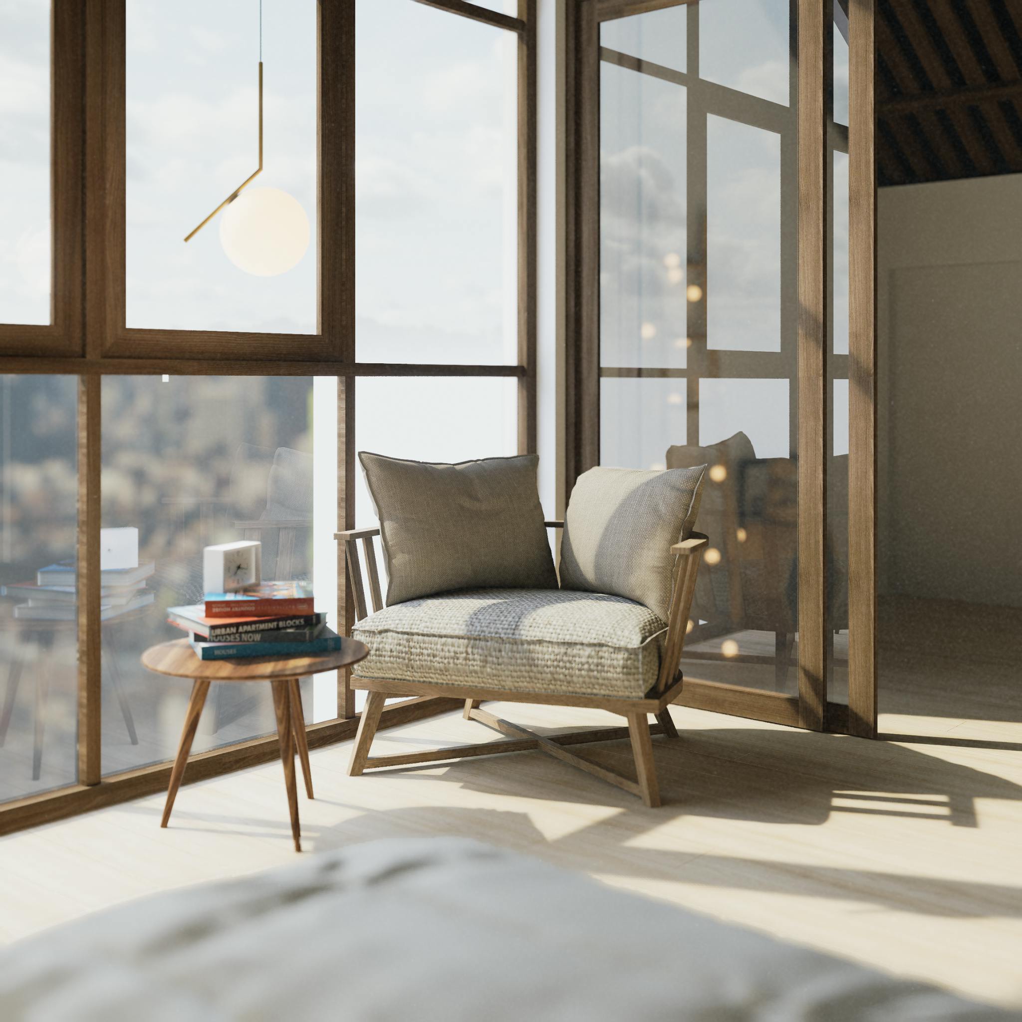 Bright minimalist interior featuring a cozy chair, wooden table, and large windows.