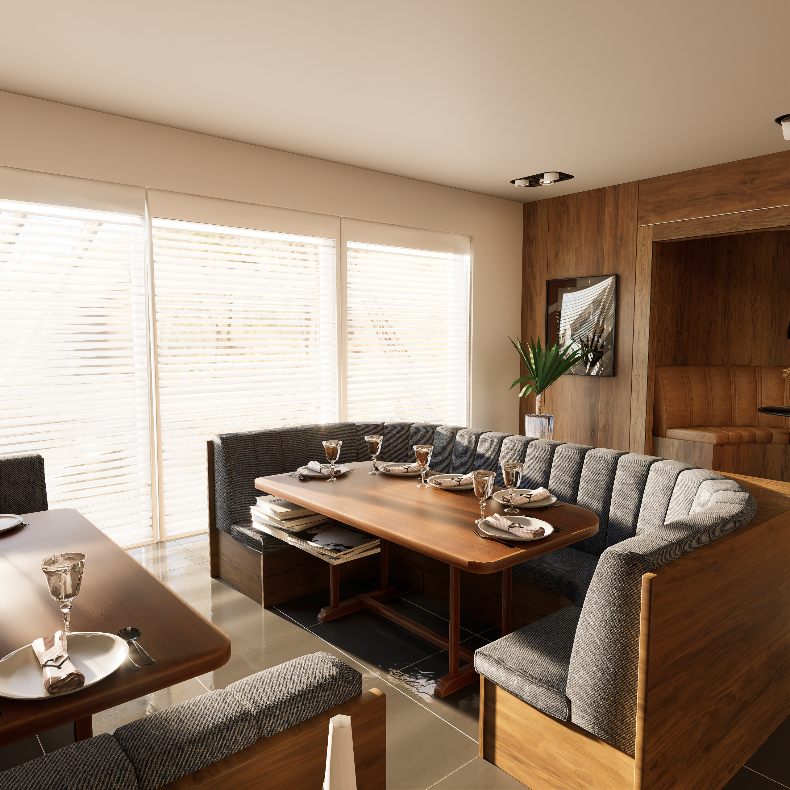 A serene and cozy dining room with minimalist decor, featuring wooden elements and soft lighting.